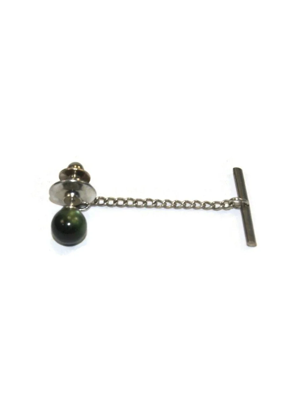 Vintage Silver Tone and Faux Cat's Eye Tourmaline Tie Tack with Chain.